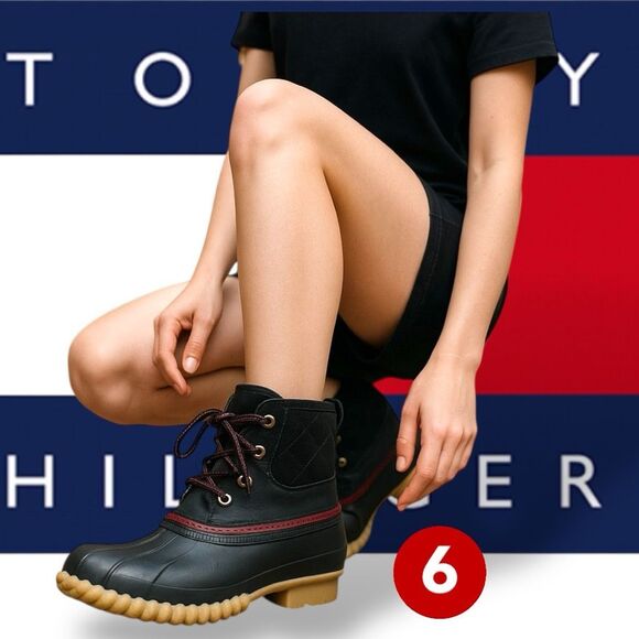 Tommy Hilfiger Rinah Ankle Rain Boots Black/Red Size 6M Winter Rain - Picture 1 of 9